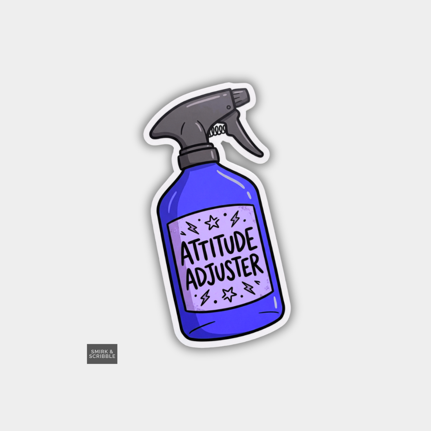 Sticker of a blue spray bottle labeled 'Attitude Adjuster' on a light gray background