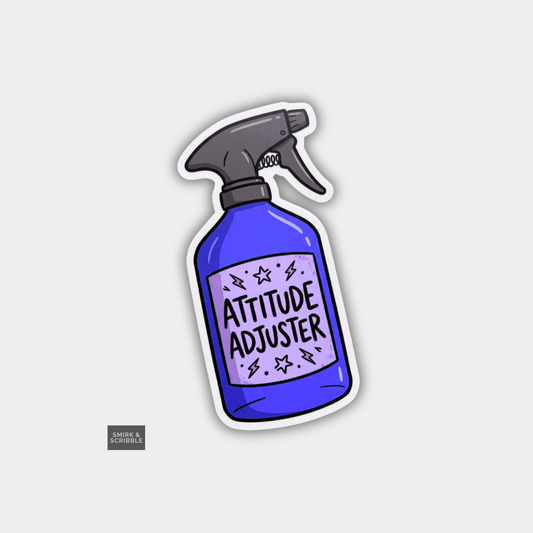 Sticker of a blue spray bottle labeled 'Attitude Adjuster' on a light gray background