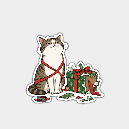 Funny Christmas Sticker - Cute Cat & Present