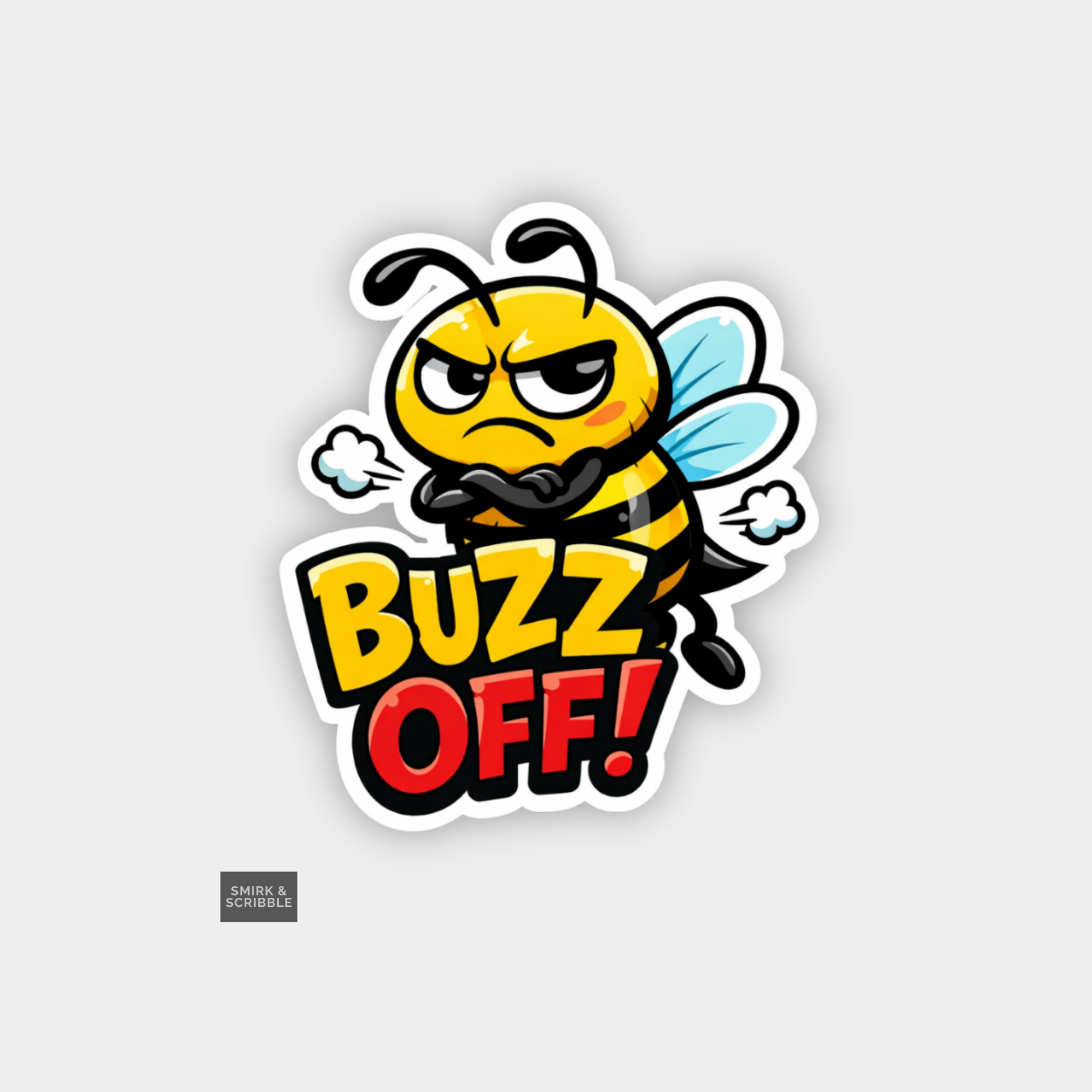 Cartoon bee with 'Buzz Off!' text on a gray background