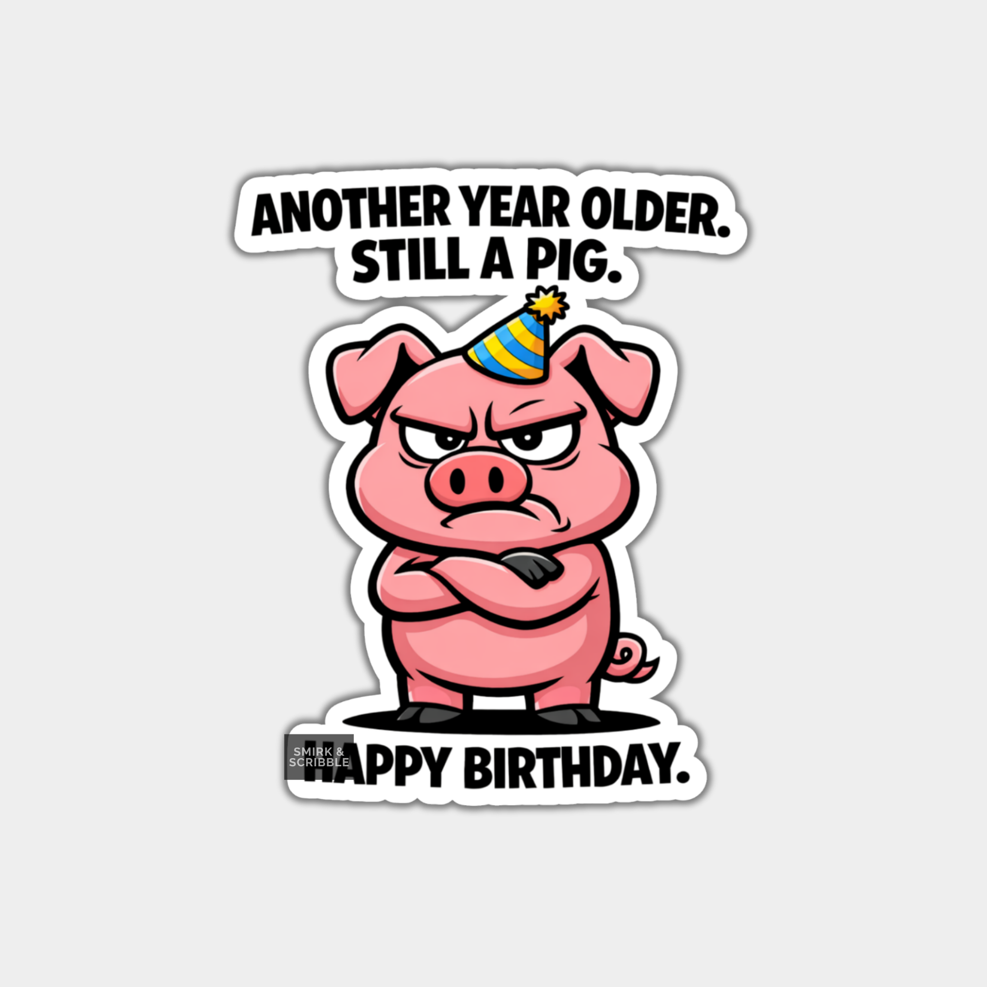 Cartoon pig with birthday hat and text 'Another year older, still a pig. Happy Birthday.' on a light gray background