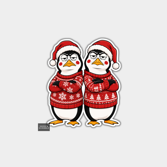 Funny Christmas Sticker - Grumpy Penguin Friends