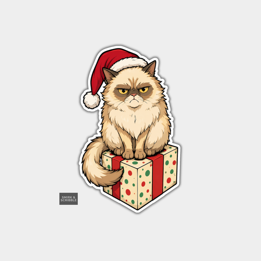Funny Christmas Sticker - Grumpy Cat Sitting On Box