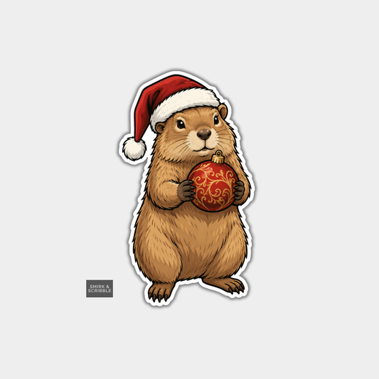 Funny Christmas Sticker - Capybara Holding Bauble