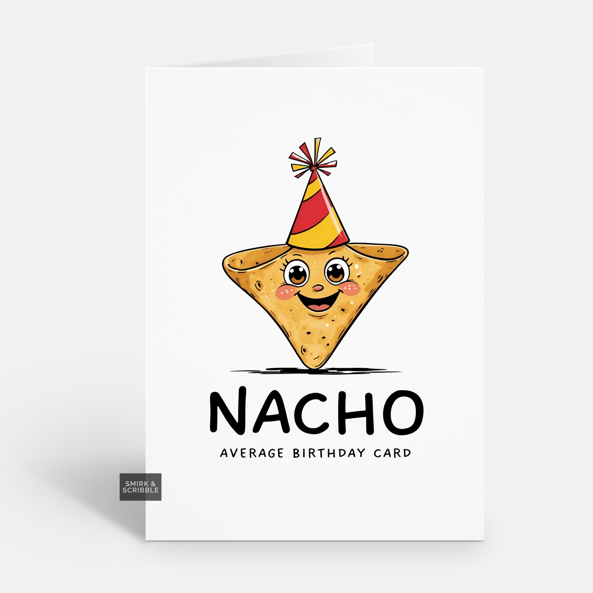 Birthday card with a cartoon nacho wearing a party hat on a white background