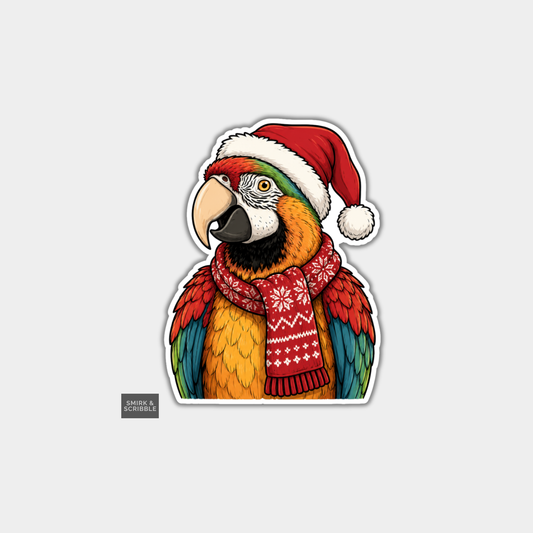 Funny Christmas Sticker - Parrot In Santa Hat & Jumper