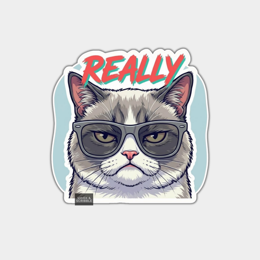 Sticker of a cat wearing sunglasses with 'REALLY' text on a light gray background