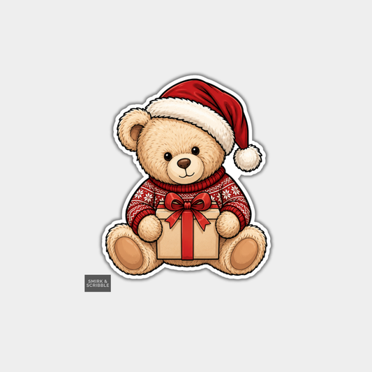 Funny Christmas Sticker - Cute Teddy Bear With Gift