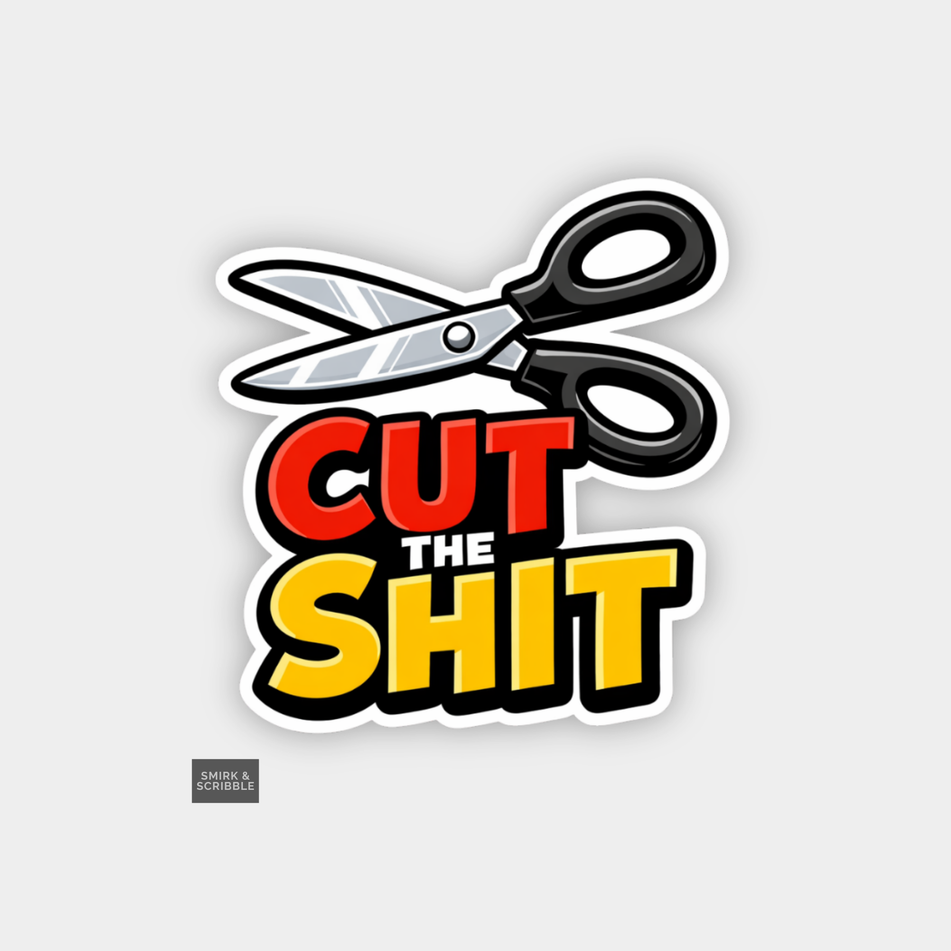 Sticker with scissors and text 'Cut the Shit' on a light gray background