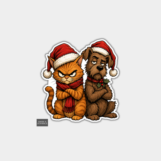 Funny Christmas Sticker - Angry Cat & Grumpy Dog