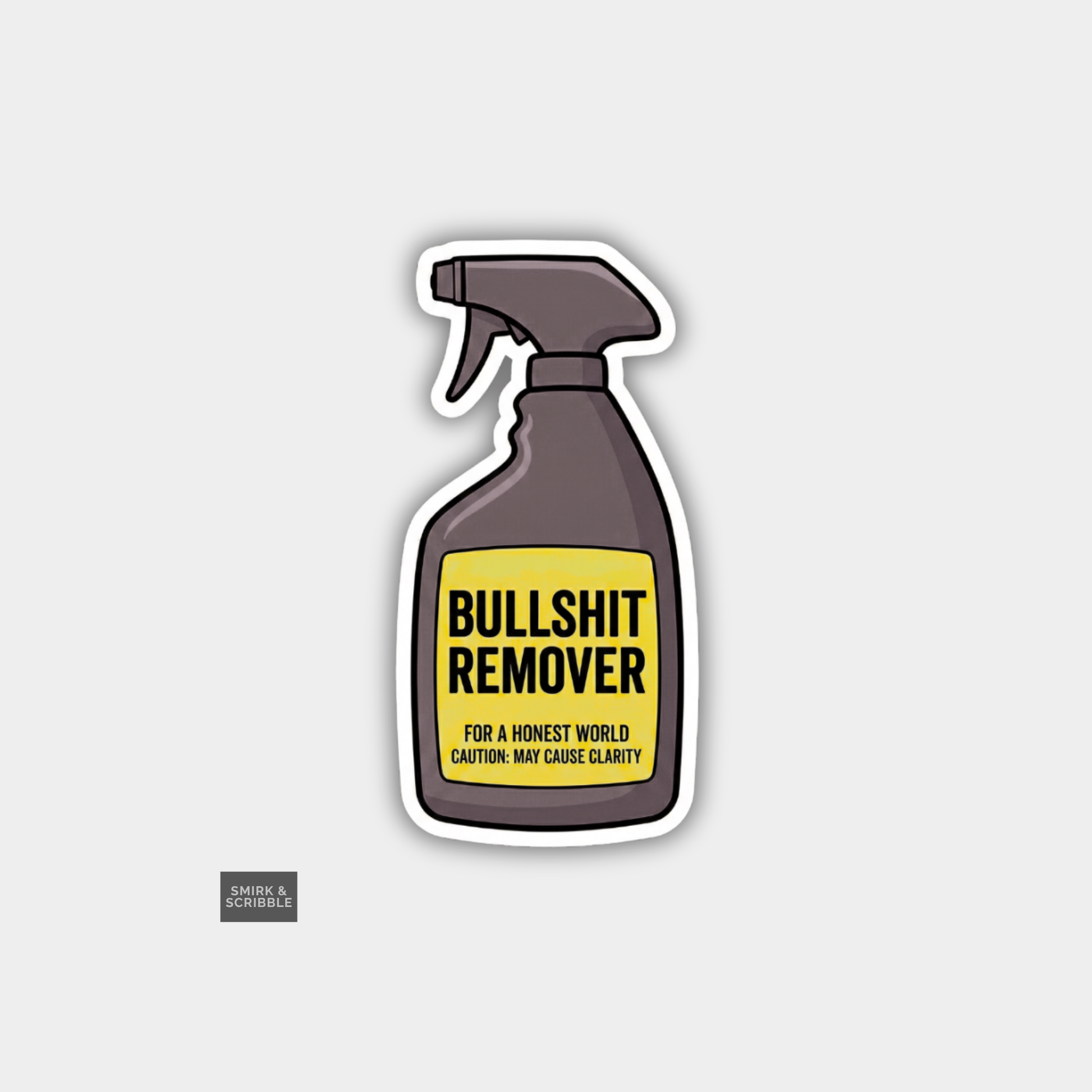 Sticker of a spray bottle labeled 'Bullshit Remover' on a light gray background