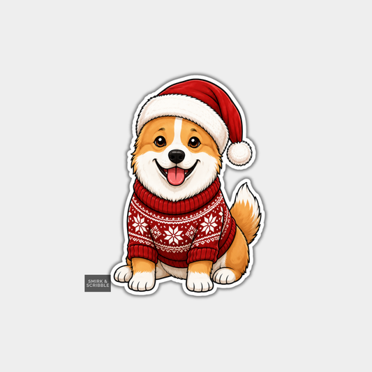 Funny Christmas Sticker - Cute Happy Dog Sitting