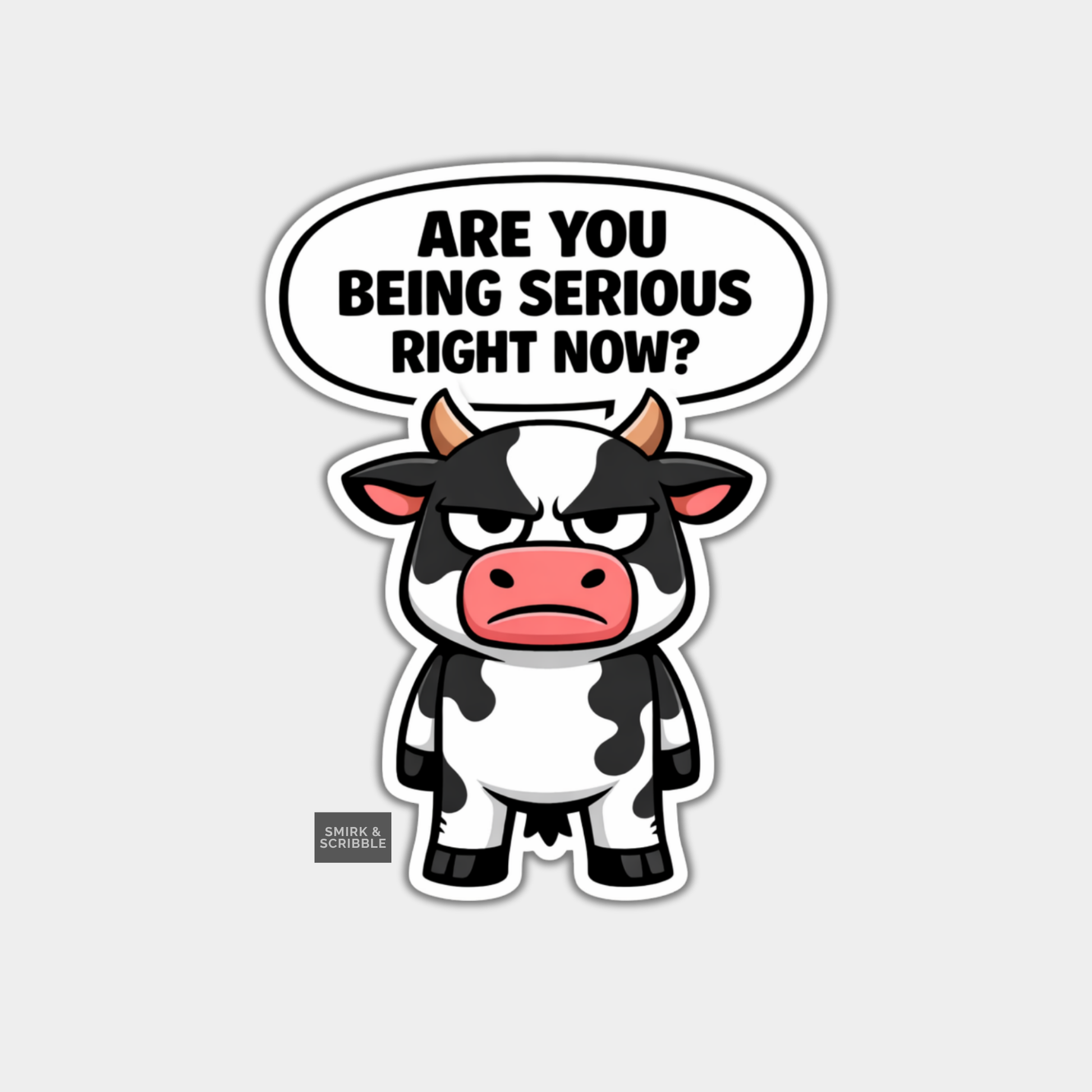 Cartoon cow with a speech bubble asking 'Are you being serious right now?' on a light gray background.