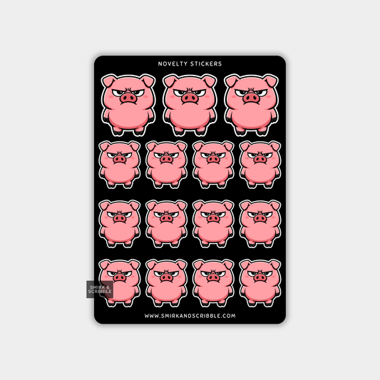 Funny Vinyl Sticker Sheet - Cute Angry Pig