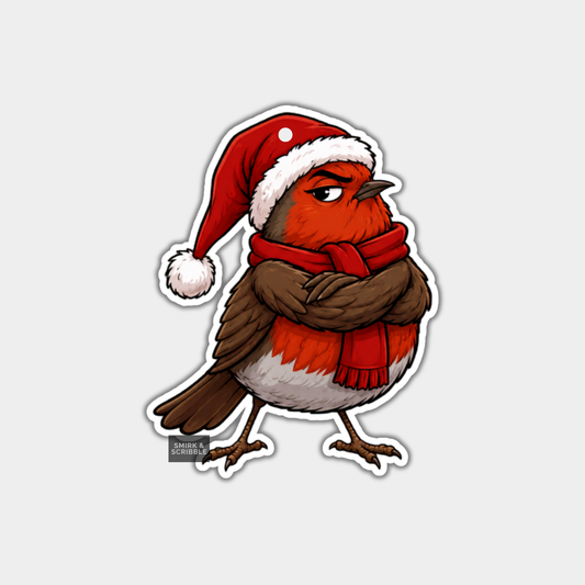 Funny Christmas Gift Tags - Cute Grumpy Robin In Santa Hat