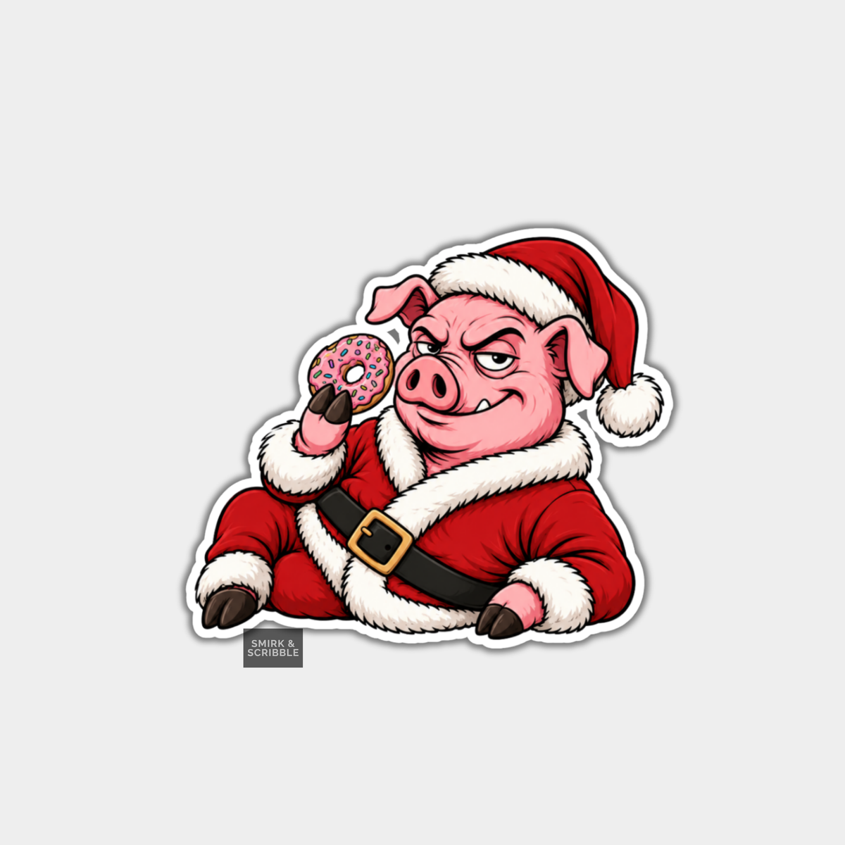 Funny Christmas Sticker - Cheeky Pig With Doughnut