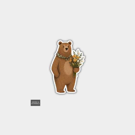 Funny Character Vinyl Sticker - Bear & Flowers