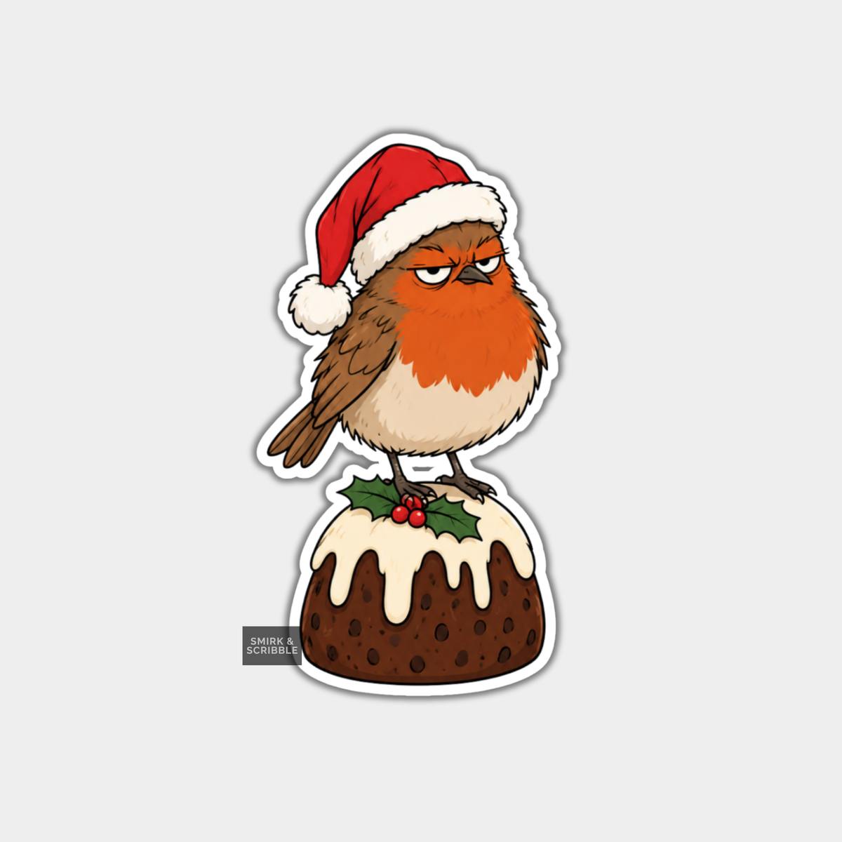 Funny Christmas Sticker - Cute Grumpy Robin & Pudding