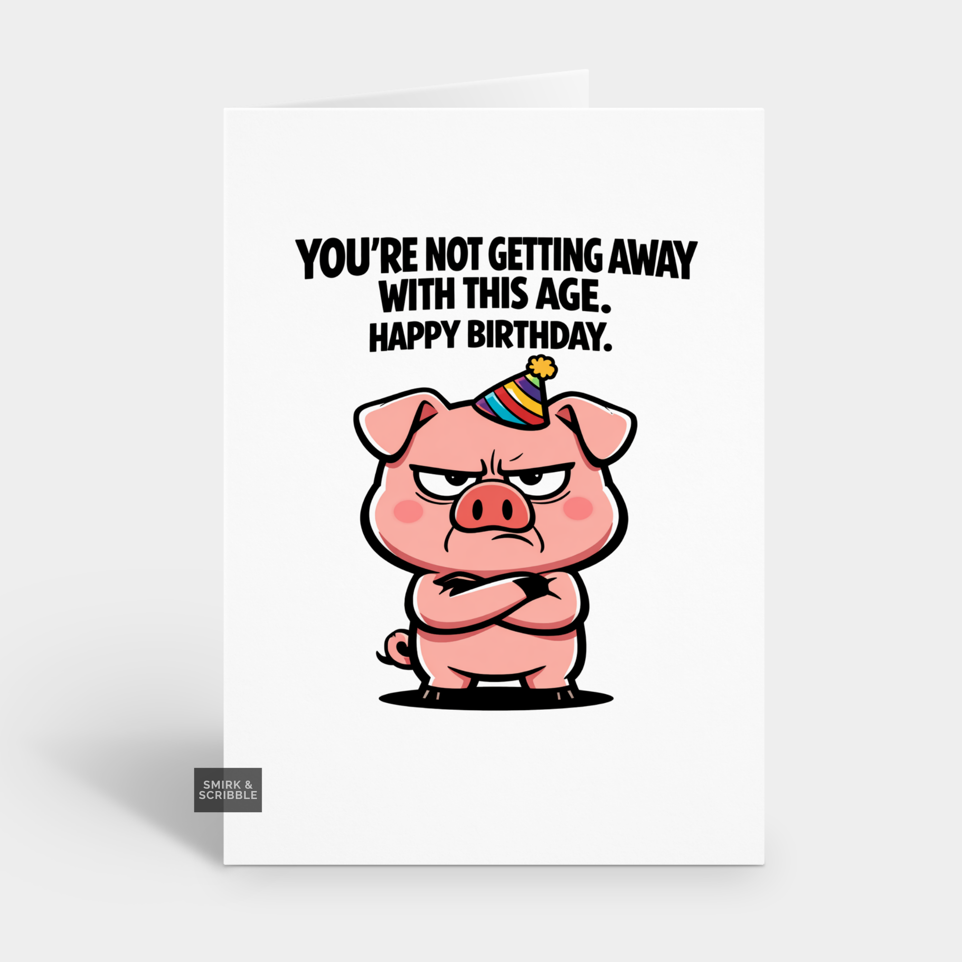 Cartoon pig with a birthday hat and text on a white background