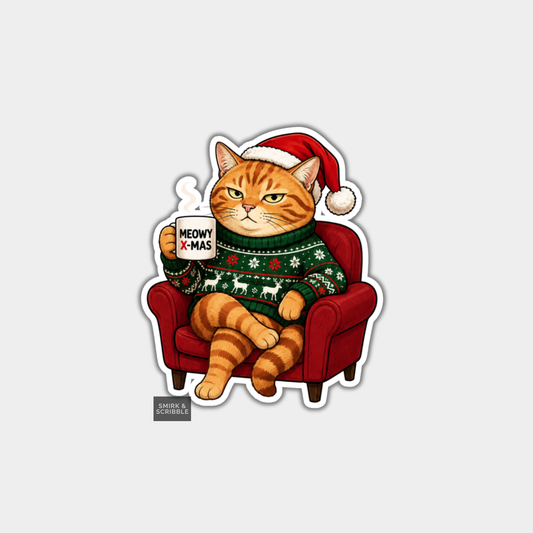 Funny Christmas Sticker - Angry Cat In Armchair