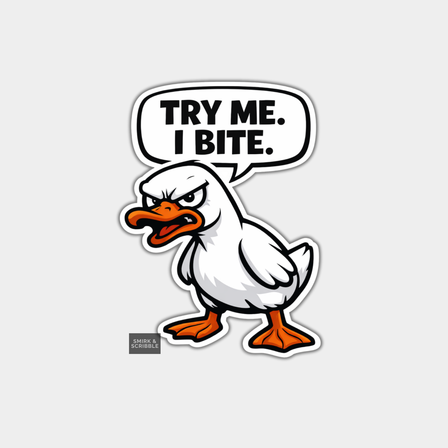 Cartoon duck with a speech bubble saying 'Try Me. I Bite.' on a light gray background