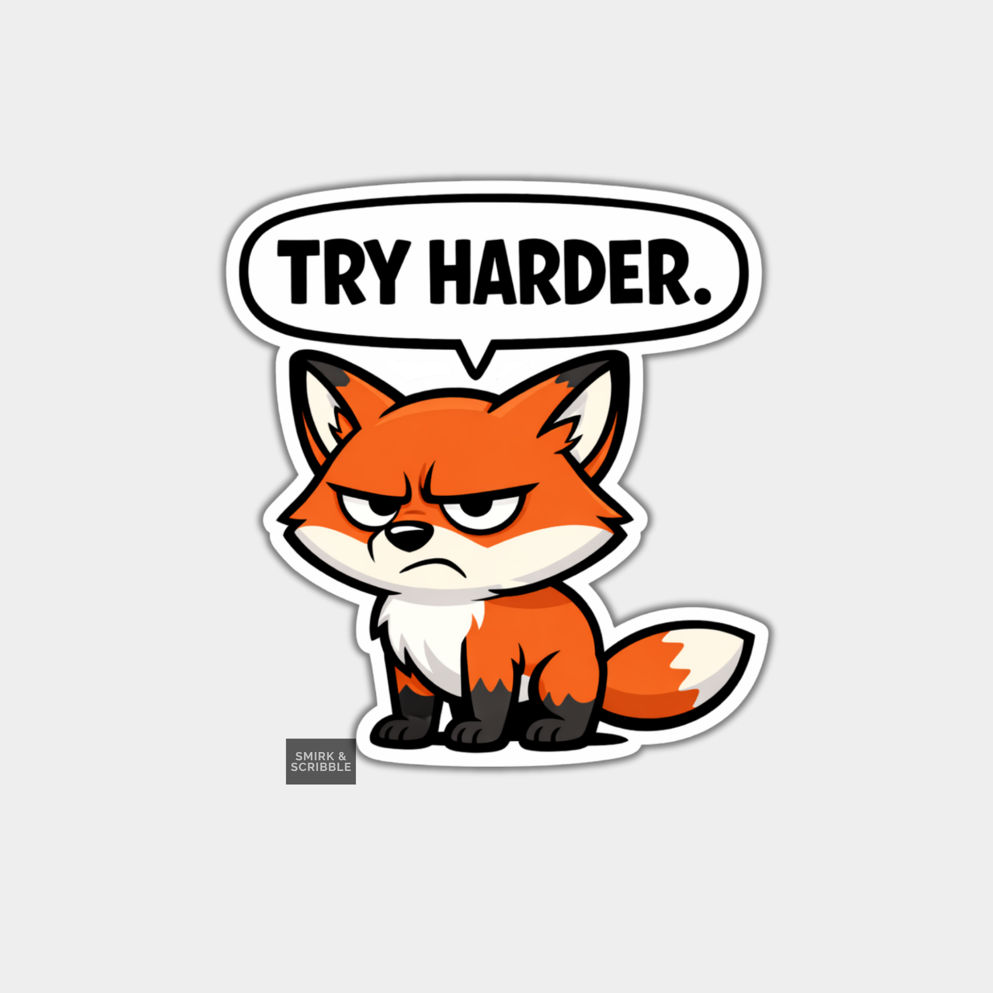 Sticker of a fox with a 'Try Harder' speech bubble on a light gray background