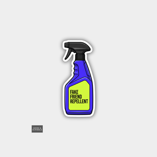 Spray bottle labeled 'Fake Friend Repellent' on a gray background