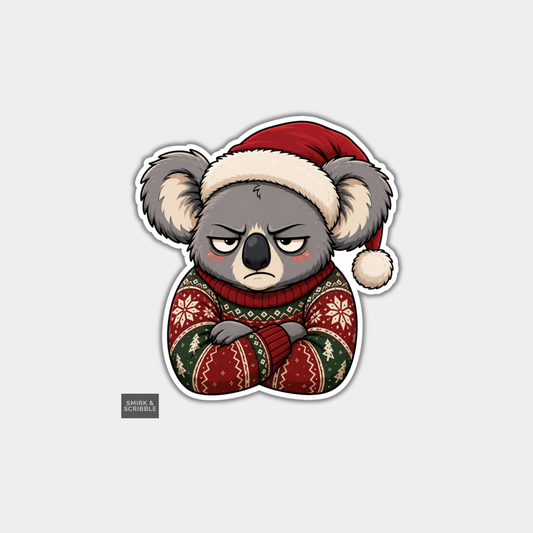 Funny Christmas Sticker - Cute Sulking Koala In Santa Hat