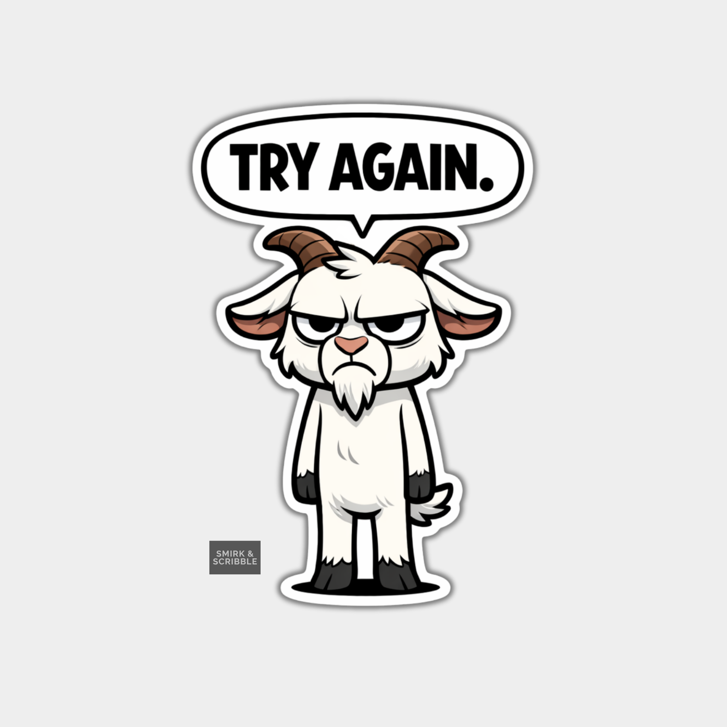 Cartoon goat with a speech bubble saying 'TRY AGAIN.' on a light gray background