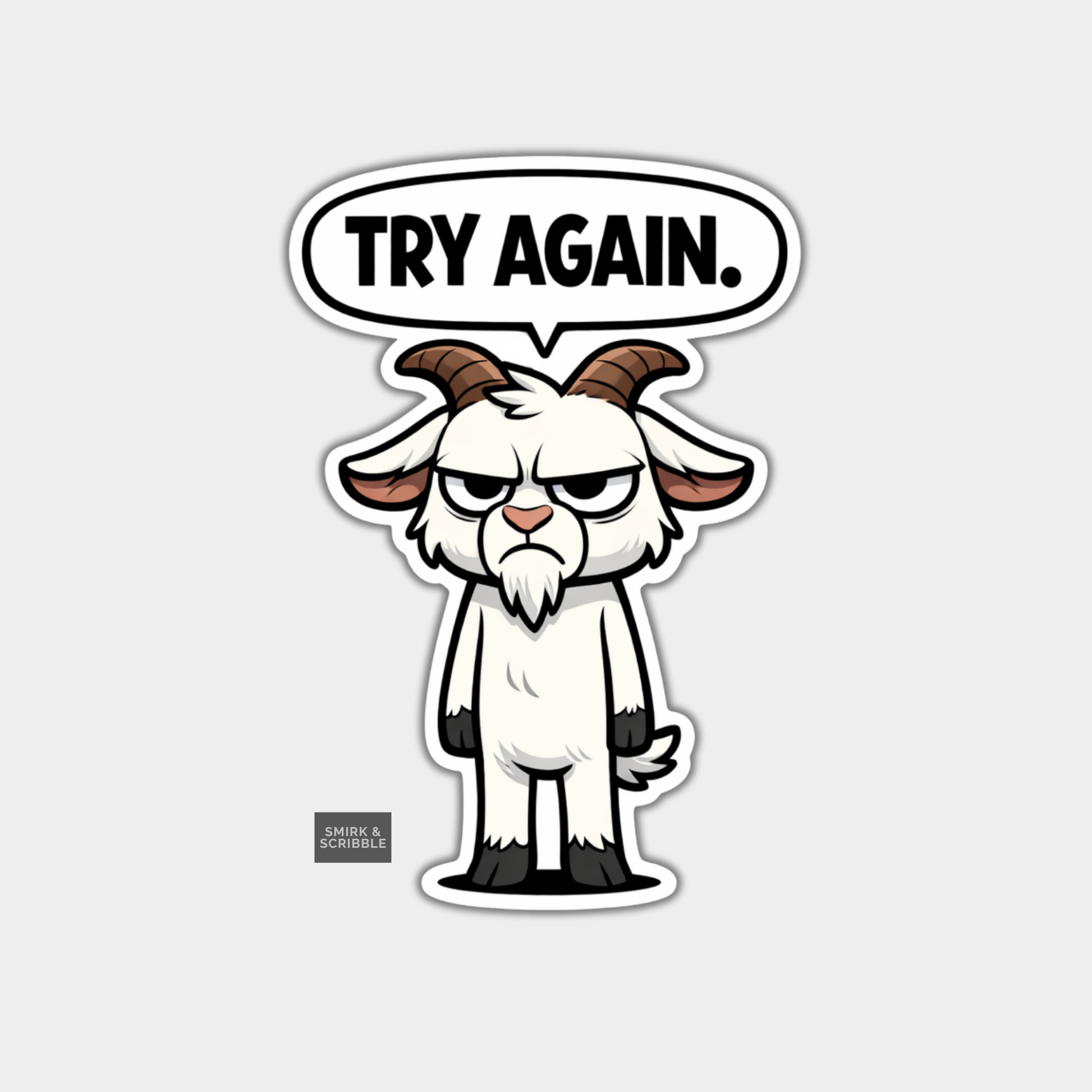 Cartoon goat with a speech bubble saying 'TRY AGAIN.' on a light gray background