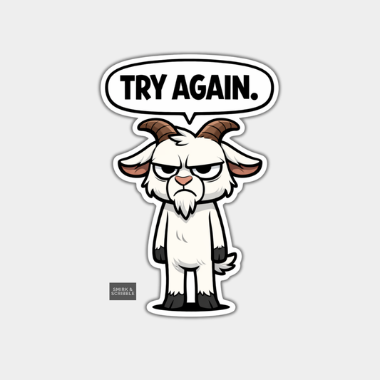 Cartoon goat with a speech bubble saying 'TRY AGAIN.' on a light gray background