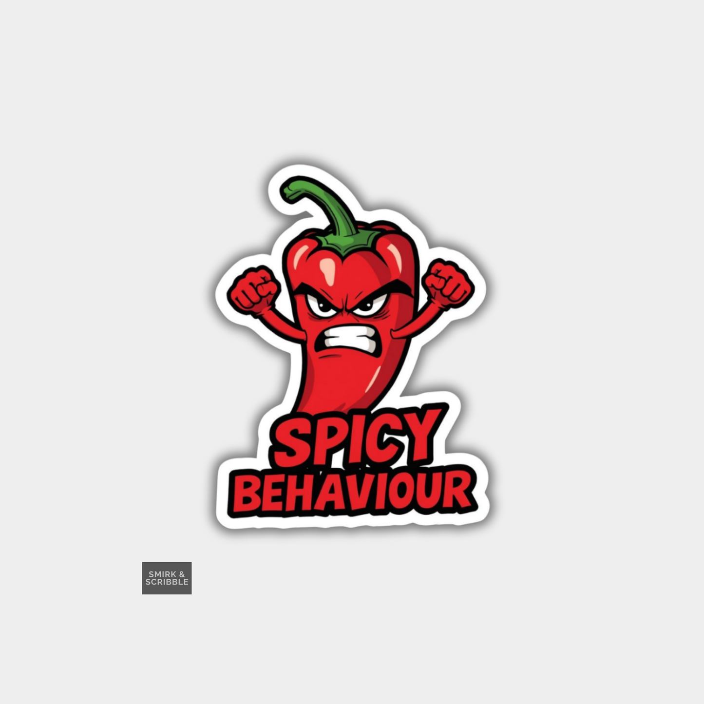 Sticker of a red pepper with clenched fists and 'Spicy Behaviour' text on a light gray background.