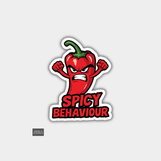 Sticker of a red pepper with clenched fists and 'Spicy Behaviour' text on a light gray background.