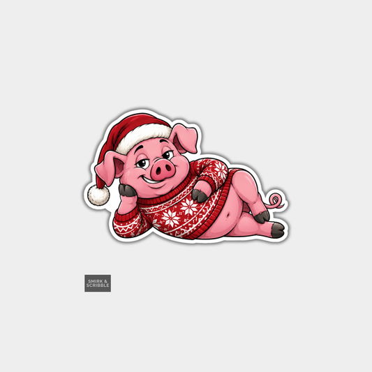 Funny Christmas Sticker - Happy Pig Laying Down