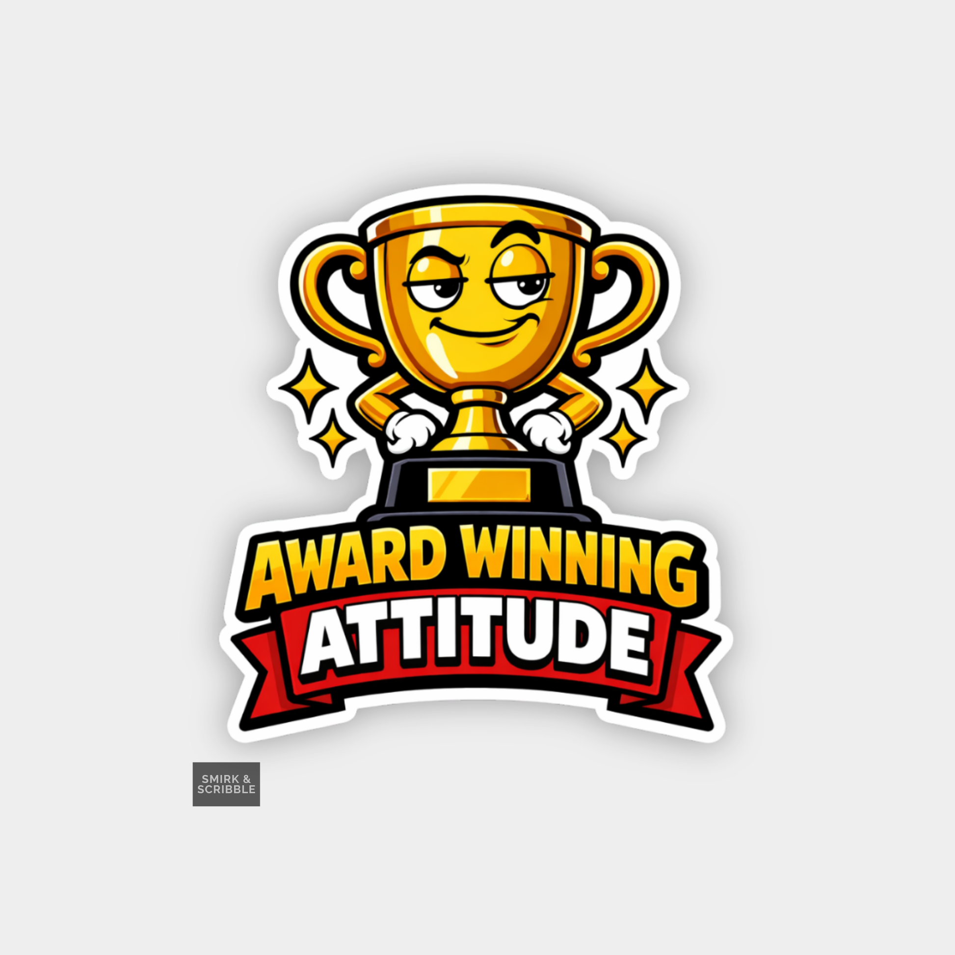 Sticker with a trophy and 'Award Winning Attitude' text on a light gray background