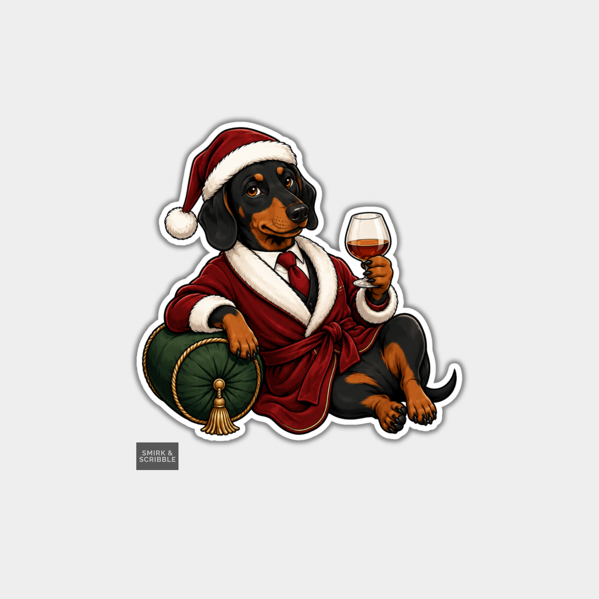 Funny Christmas Sticker - Grumpy Dachshund In Robe With Drink