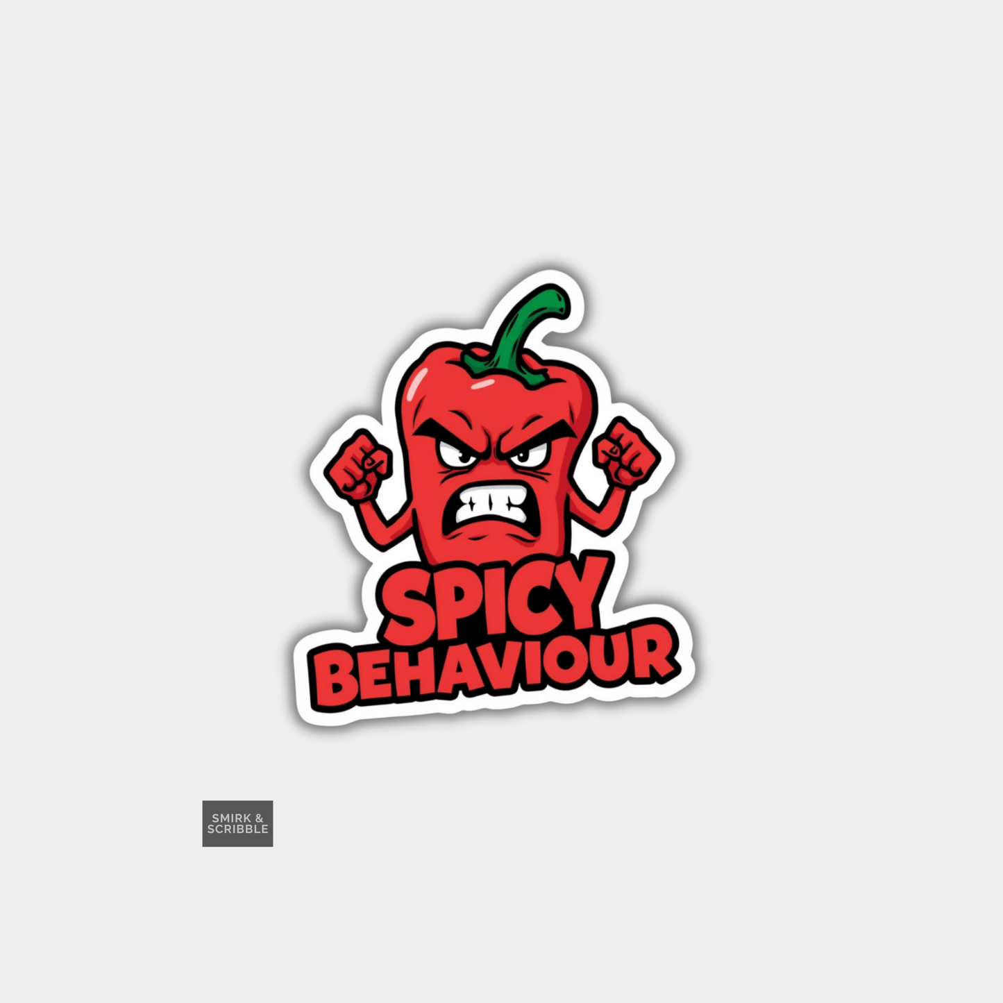 Sticker with a red pepper character and 'Spicy Behaviour' text on a light gray background