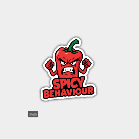 Sticker with a red pepper character and 'Spicy Behaviour' text on a light gray background