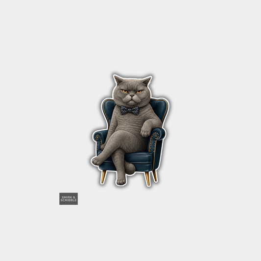 Funny Die Cut Vinyl Sticker - Grey Cat In Chair