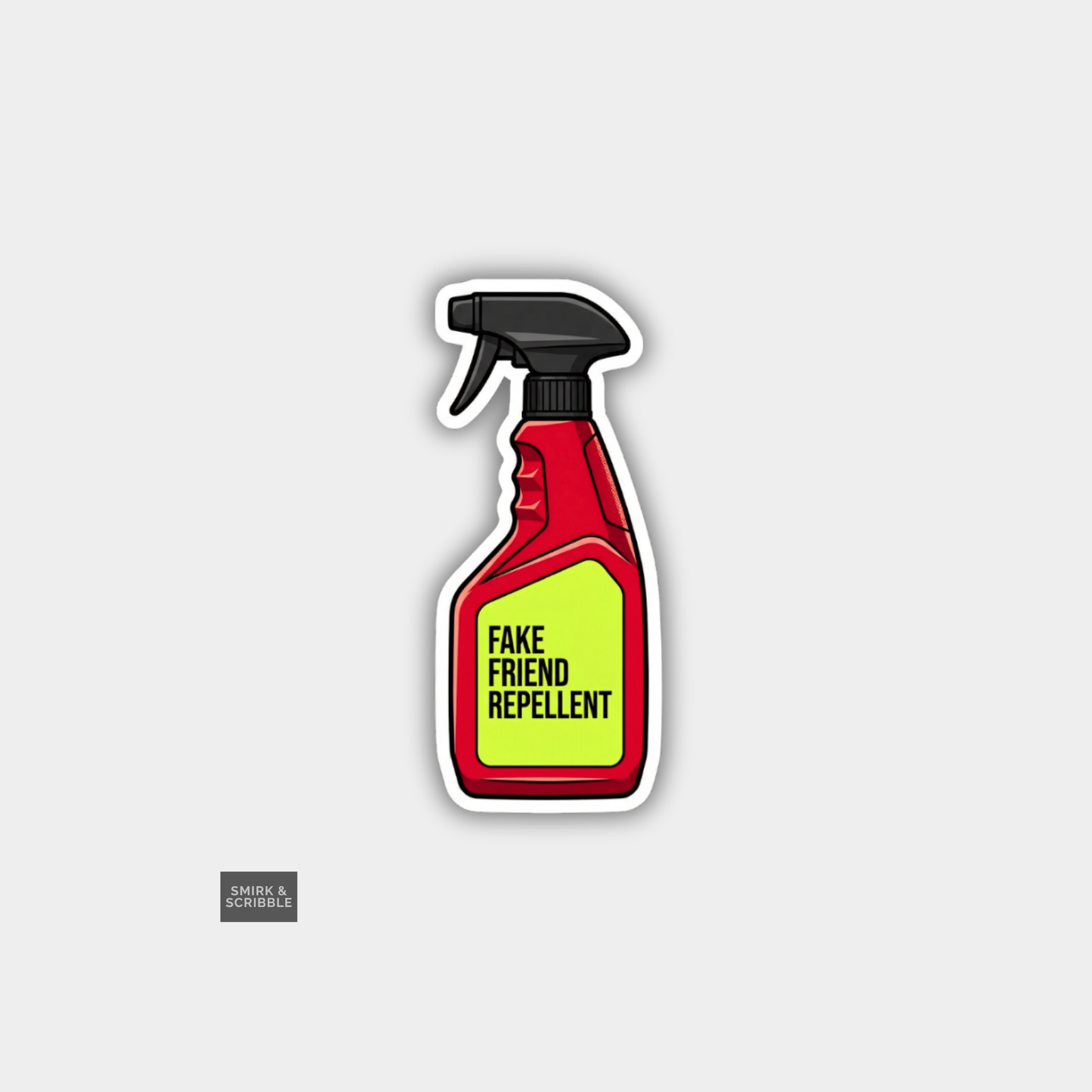 Spray bottle labeled 'Fake Friend Repellent' on a gray background