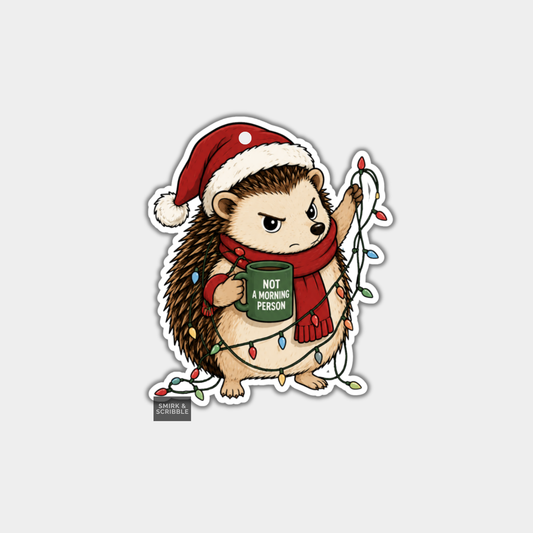 Funny Christmas Gift Tags - Cute Grumpy Hedgehog In Santa Hat