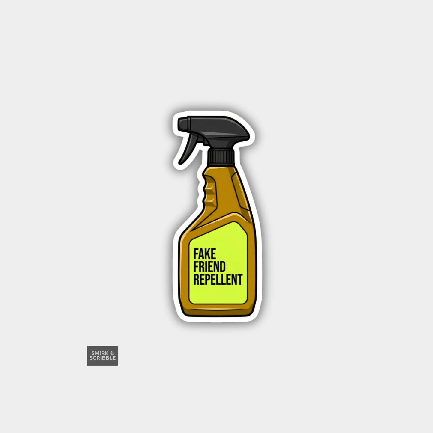 Spray bottle labeled 'Fake Friend Repellent' on a gray background
