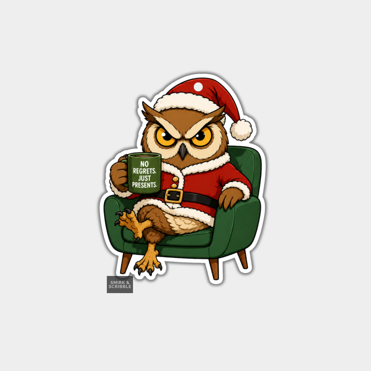 Funny Christmas Gift Tags - Cute Grumpy Owl In Santa Hat
