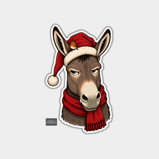 Funny Christmas Sticker - Grumpy Donkey In Santa Hat