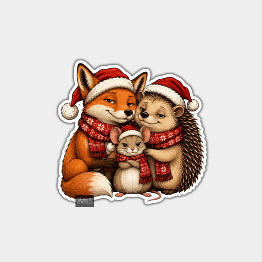 Funny Christmas Sticker - Cute Hedgehog Fox & Mouse