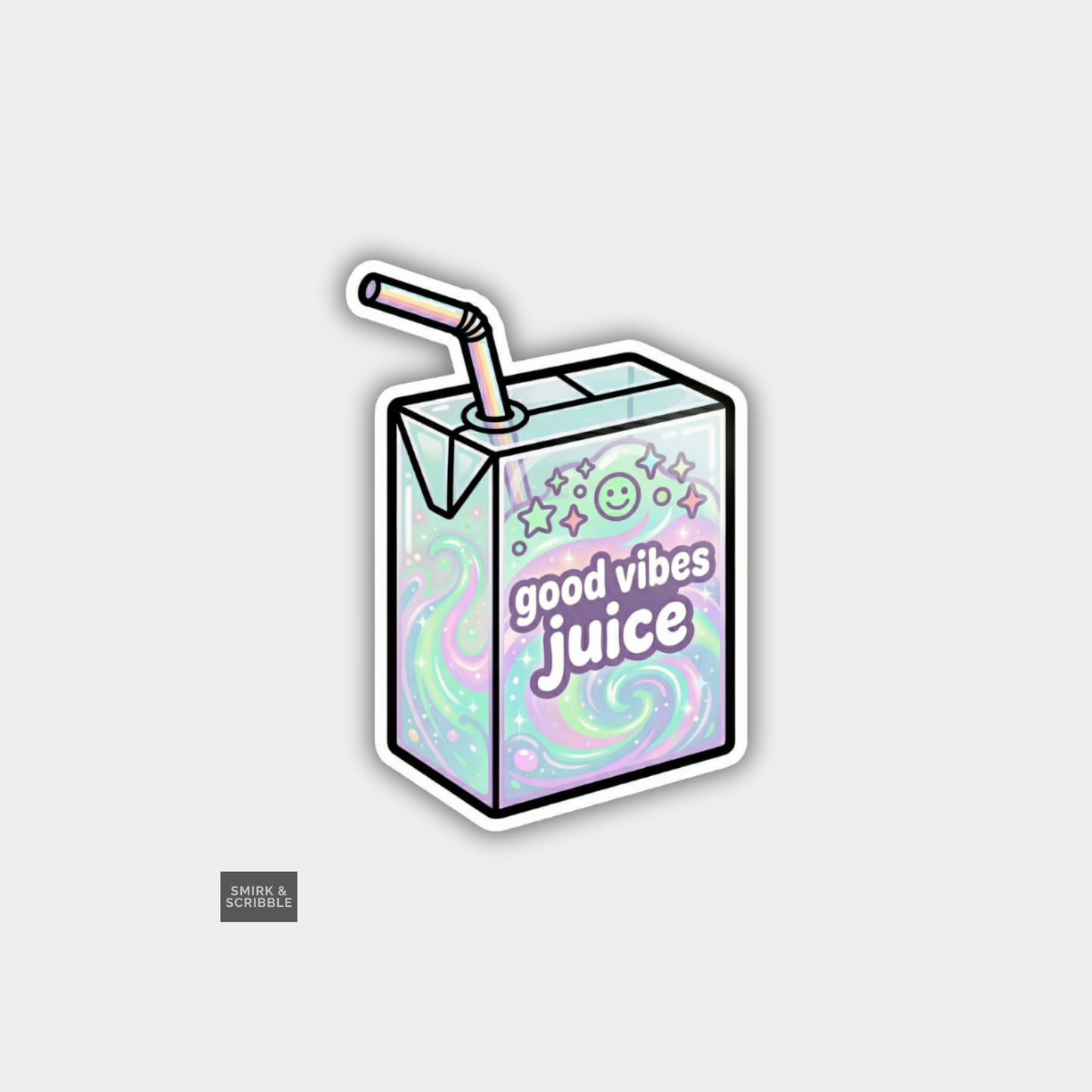 Carton of 'good vibes juice' with a straw on a light gray background