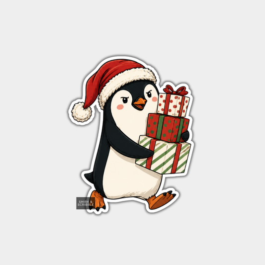 Funny Christmas Sticker - Cute Penguin & Gift