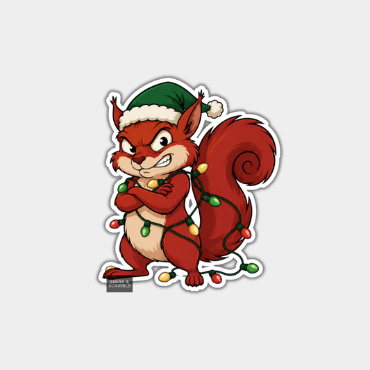 Funny Christmas Gift Tags - Cute Grumpy Squirrel In Santa Hat