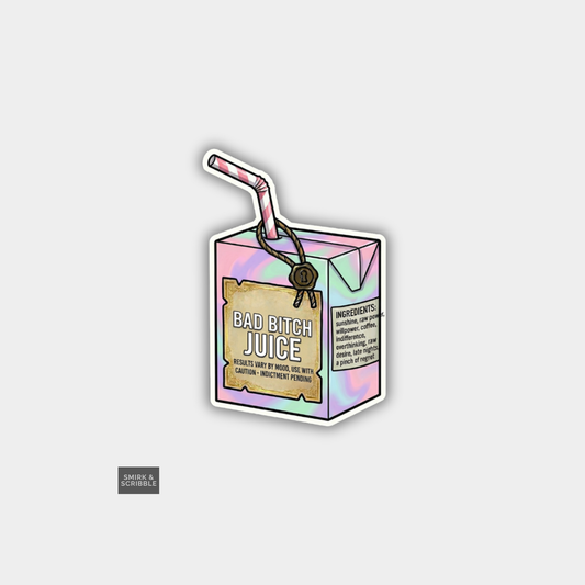 Sticker of a juice box with 'Bad Bitch Juice' text on a light gray background