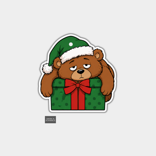 Funny Christmas Gift Tags - Cute Tired Teddy Bear In Santa Hat